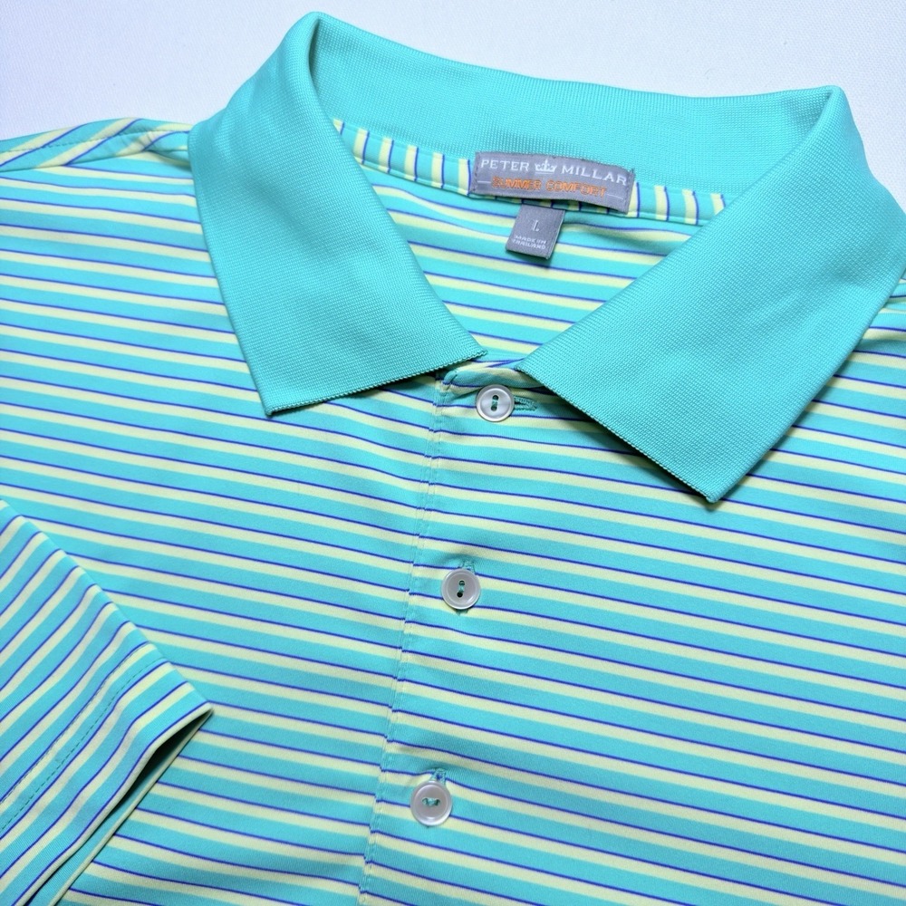 Peter Millar Summer Comfort Men Large Green Yellow Stripes Golf Polo Shirt